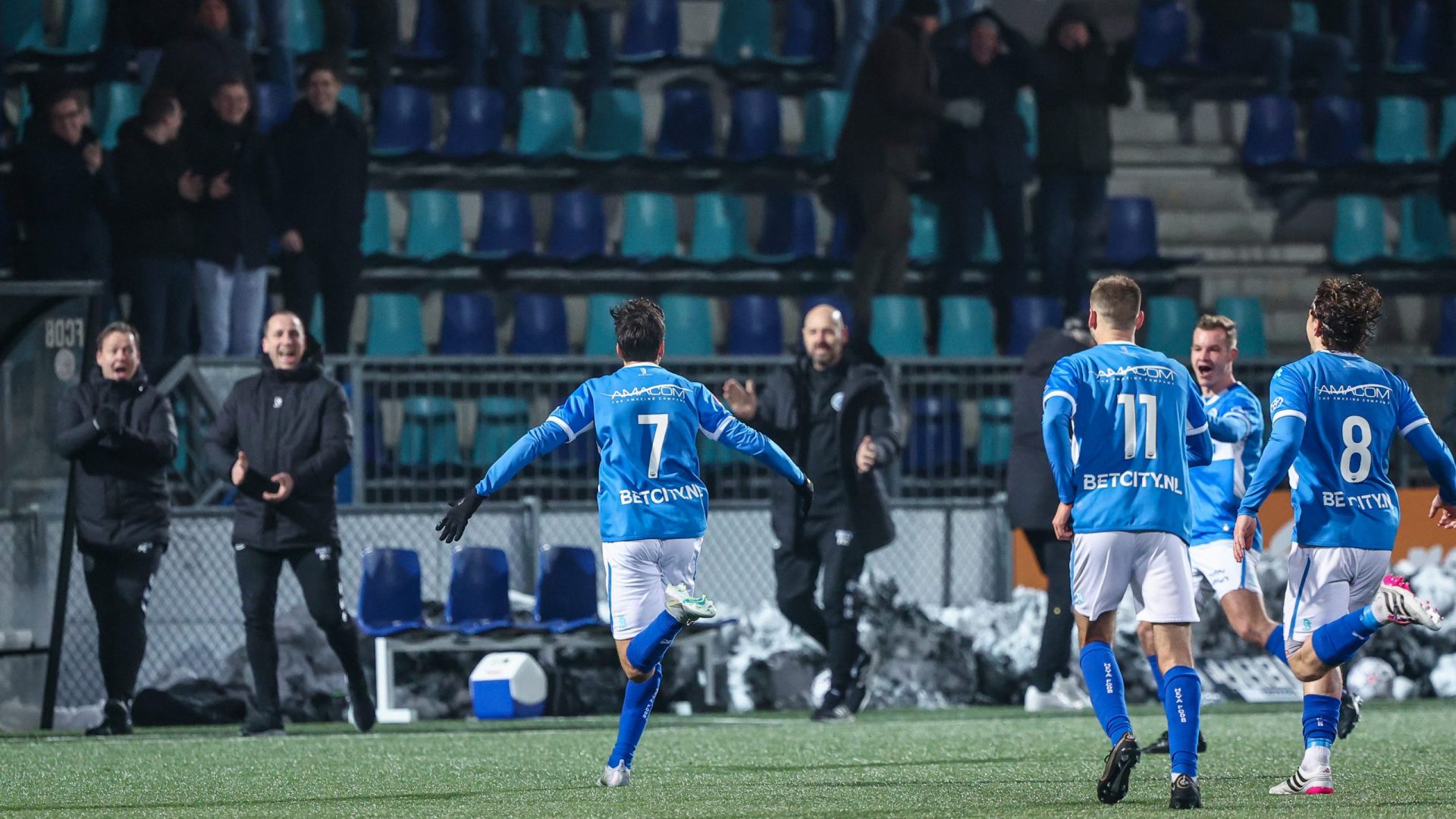 DEN BOSCH,20-01-2023,Stadium De Vliert,Dutch Football Keuken Kampioen Divisie season 2022 / 2023,FC Den Bosch player Anas Ahannach(L) celebrating the goal during the match Den Bosch - Jong PSV